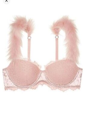 Victoria’s Secret Dream Angels Lined Demi Pink Lace with Faux Fur Straps Bra 34C